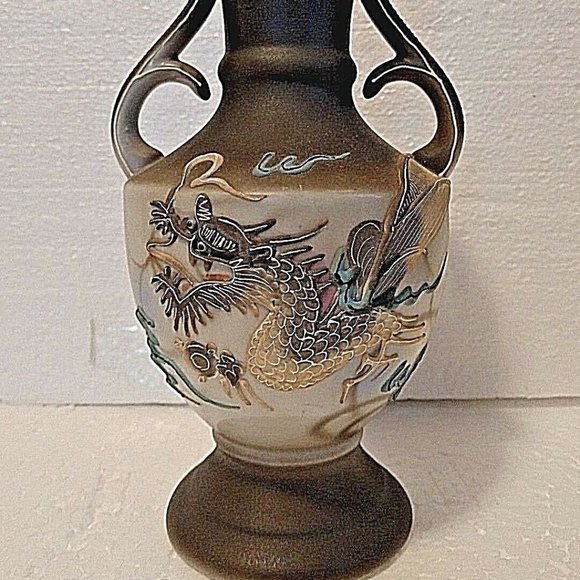 Rare Antique Dragonware Vase Japan Moriage Dragon Hand Paint Dark Grey &…
